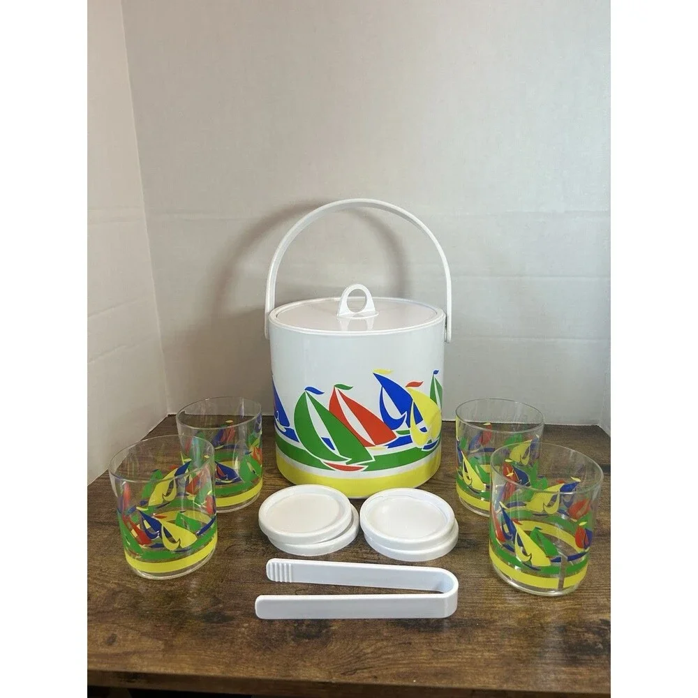 Vintage Sailboat Ice Bucket Set 4 Tumblers Coasters Tongs Primary Colors Taiwan